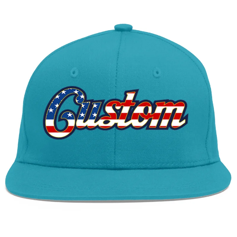 Baseball caps for extreme sports-Custom Aqua Vintage USA Flag-Gold Flat Eaves Sport Baseball Cap