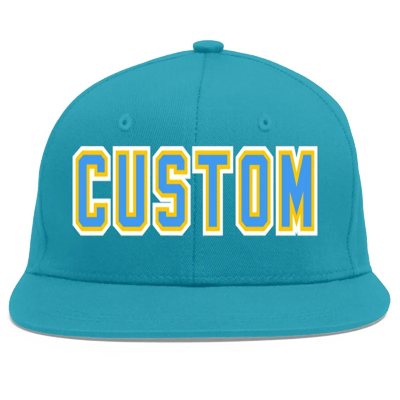 Waterproof baseball caps-Custom Aqua Powder Blue-Gold Flat Eaves Sport Baseball Cap