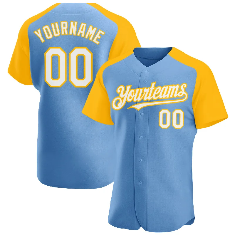 Baseball jerseys with moisture-wicking technology-Custom Light Blue White-Gold Authentic Raglan Sleeves Baseball Jersey