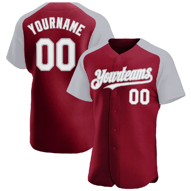 Baseball jerseys with vintage logo designs-Custom Crimson White-Gray Authentic Raglan Sleeves Baseball Jersey