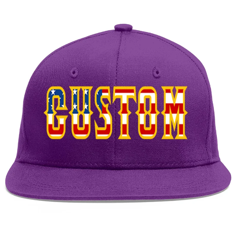 Innovative baseball cap designs-Custom Purple Vintage USA Flag-Gold Flat Eaves Sport Baseball Cap