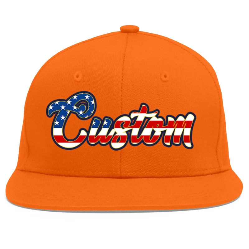 Best baseball cap styles-Custom Orange Vintage USA Flag-Gold Flat Eaves Sport Baseball Cap