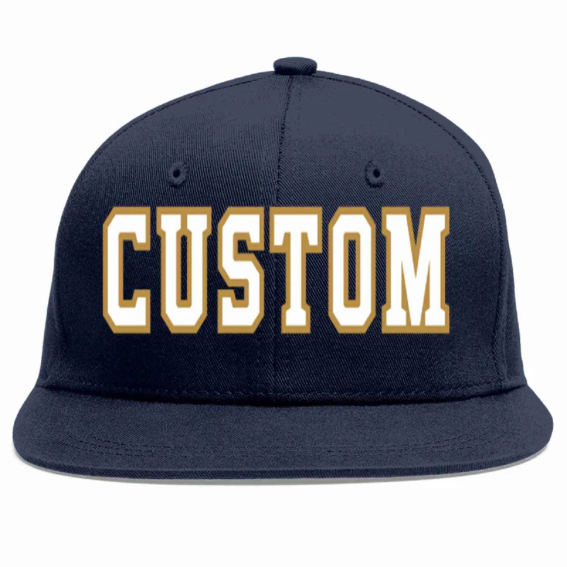 Soft fabric baseball caps-Custom Navy White-Old Gold Casual Sport Baseball Cap