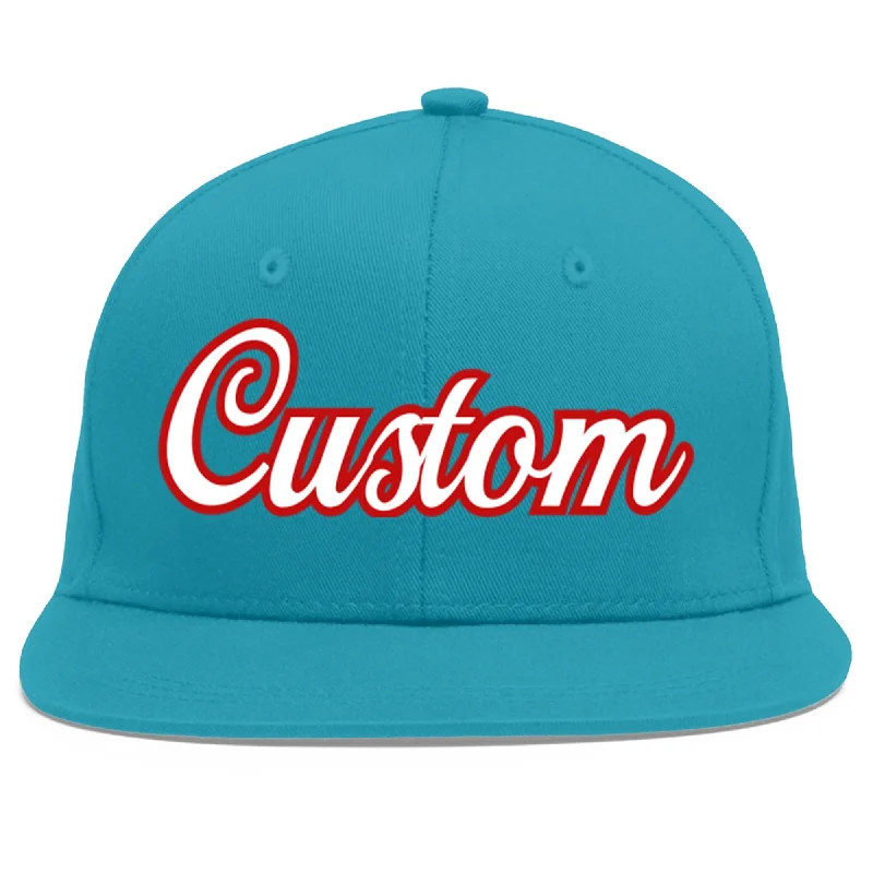 Pairing baseball caps with sportswear-Custom Aqua White-Red Flat Eaves Sport Baseball Cap