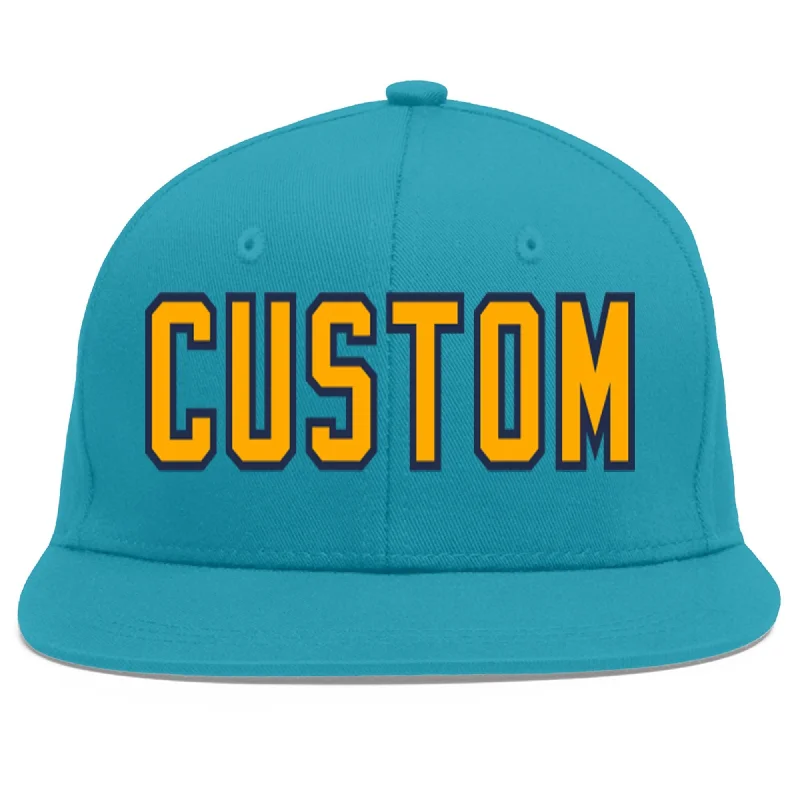 Mesh panel baseball caps for ventilation-Custom Aqua Yellow-Navy Flat Eaves Sport Baseball Cap