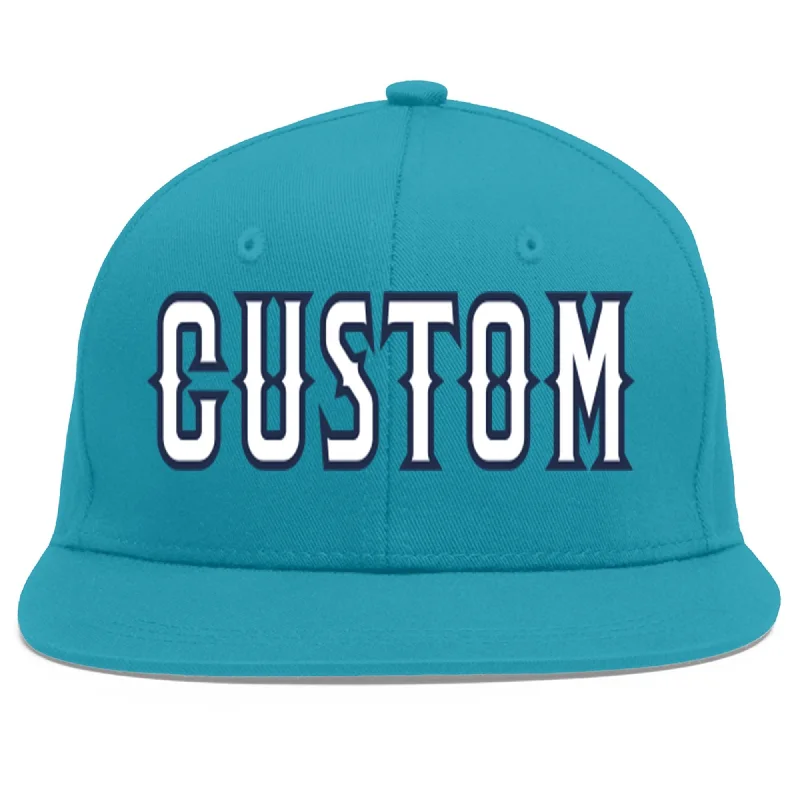 Baseball caps for hot weather-Custom Aqua White-Navy Flat Eaves Sport Baseball Cap