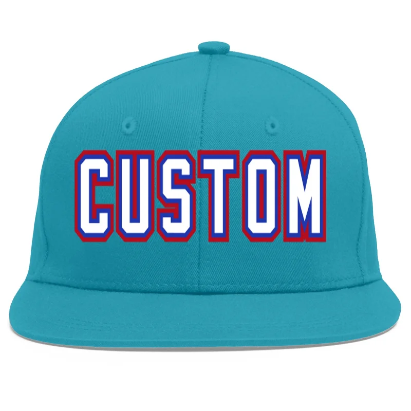 Classic black baseball caps-Custom Aqua White-Royal Flat Eaves Sport Baseball Cap