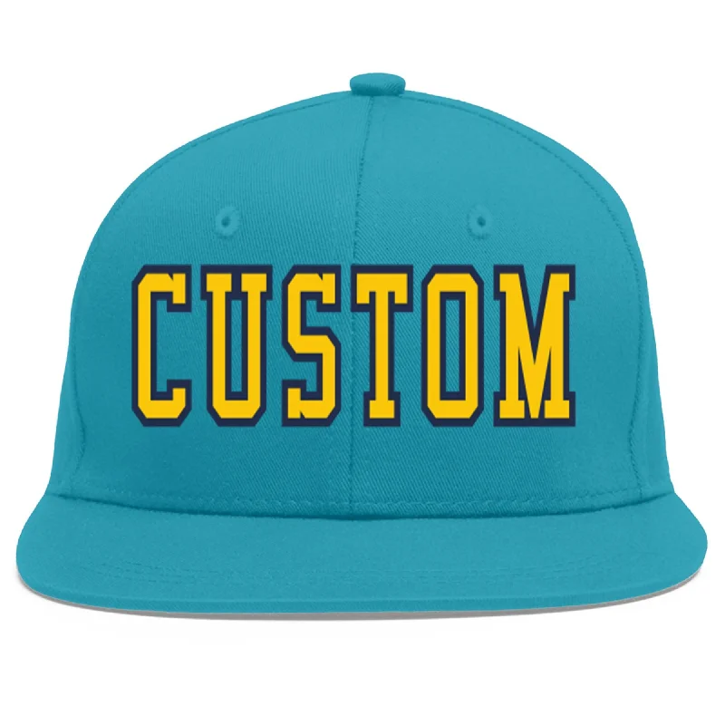 Caring for and maintaining baseball caps-Custom Aqua Gold-Navy Flat Eaves Sport Baseball Cap