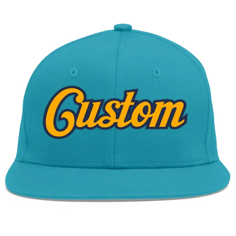 How to clean a baseball cap-Custom Aqua Yellow-Navy Flat Eaves Sport Baseball Cap