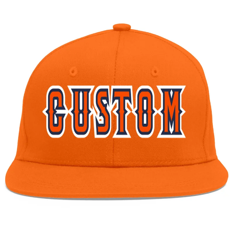 Baseball caps breathability features-Custom Orange Orange-Navy Flat Eaves Sport Baseball Cap