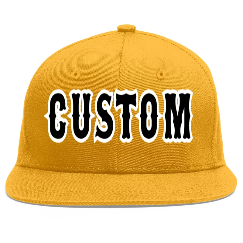 Unique baseball cap designs-Custom Gold Black-White Flat Eaves Sport Baseball Cap