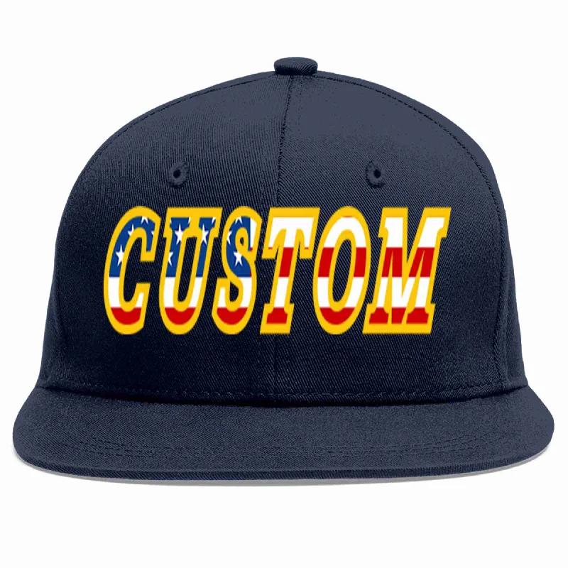 Trendy baseball cap styles-Custom Navy Vintage USA Flag-Gold Casual Sport Baseball Cap