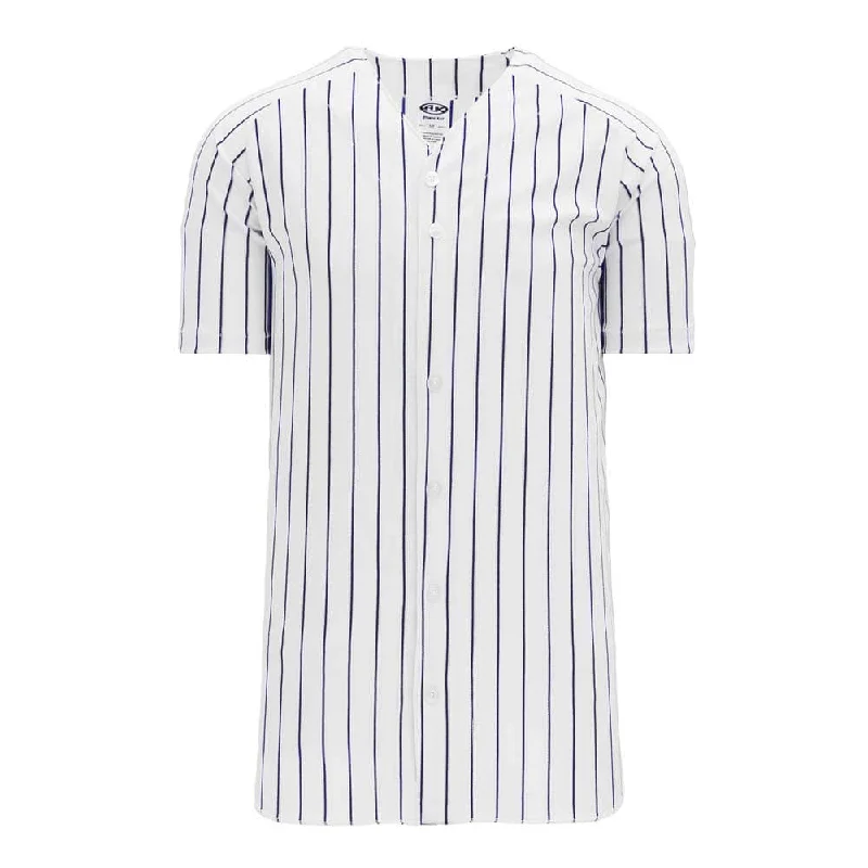 Baseball jerseys for high-impact performance-Full Button Down Pinstripe WarpKnit White with Navy Jersey