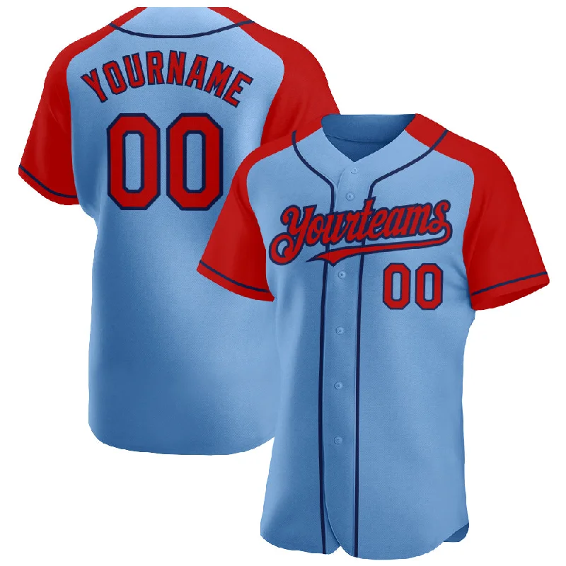 Baseball jerseys with professional-grade fabric and stitching-Custom Light Blue Red-Navy Authentic Raglan Sleeves Baseball Jersey