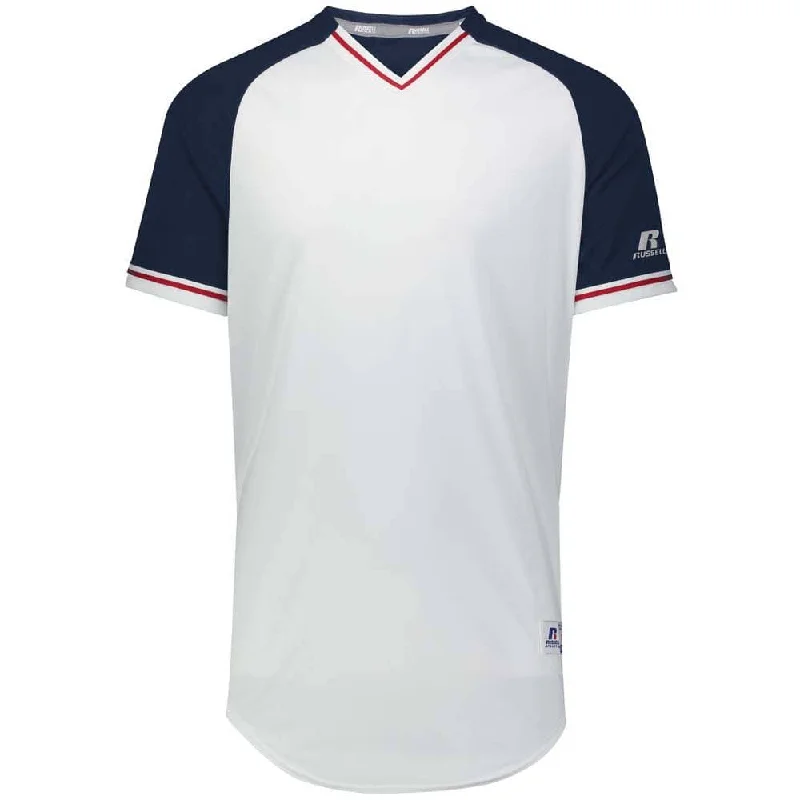 Custom baseball jerseys with embroidered team mascots-Classic White-Navy V-Neck Jersey