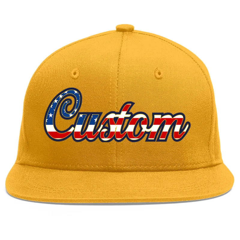 Trendy baseball caps for streetwear-Custom Gold Vintage USA Flag-Gold Flat Eaves Sport Baseball Cap