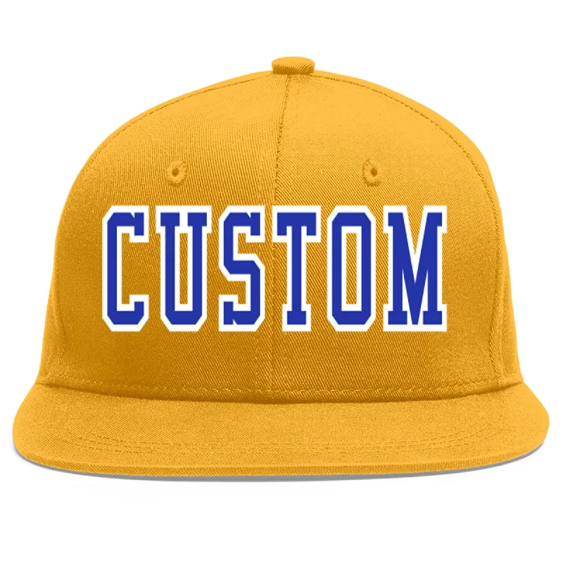 Trendy baseball cap styles-Custom Gold Royal-White Flat Eaves Sport Baseball Cap