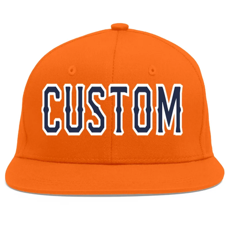 Baseball caps for outdoor activities-Custom Orange Navy-White Flat Eaves Sport Baseball Cap