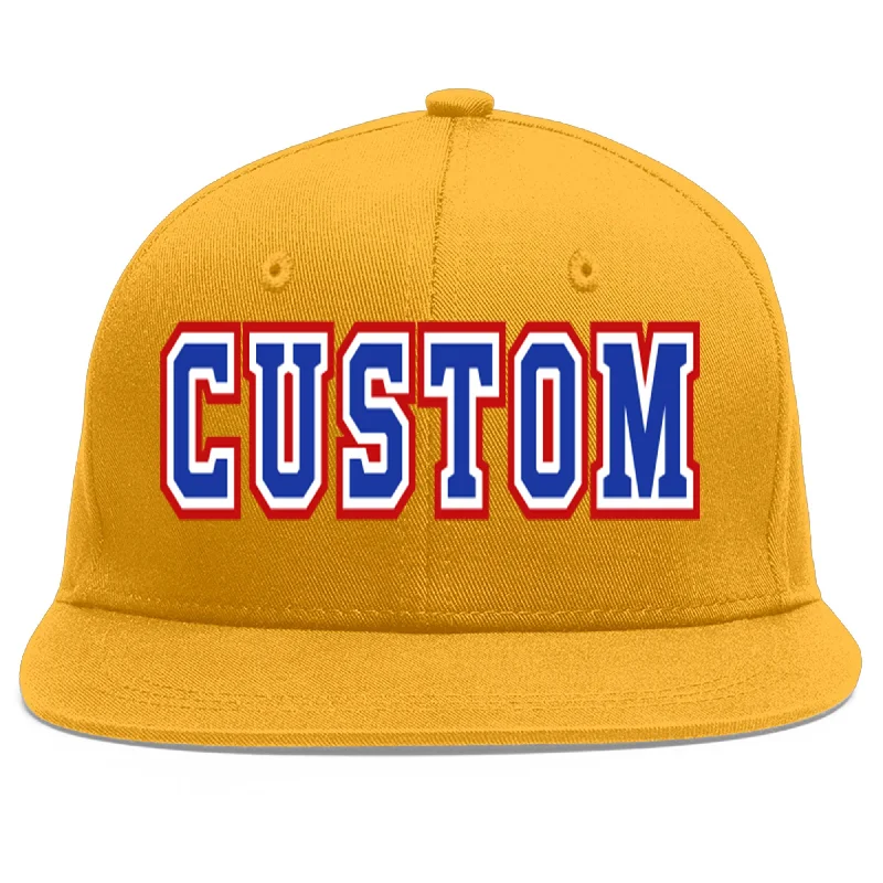 Baseball caps with logos-Custom Gold Royal-White Flat Eaves Sport Baseball Cap