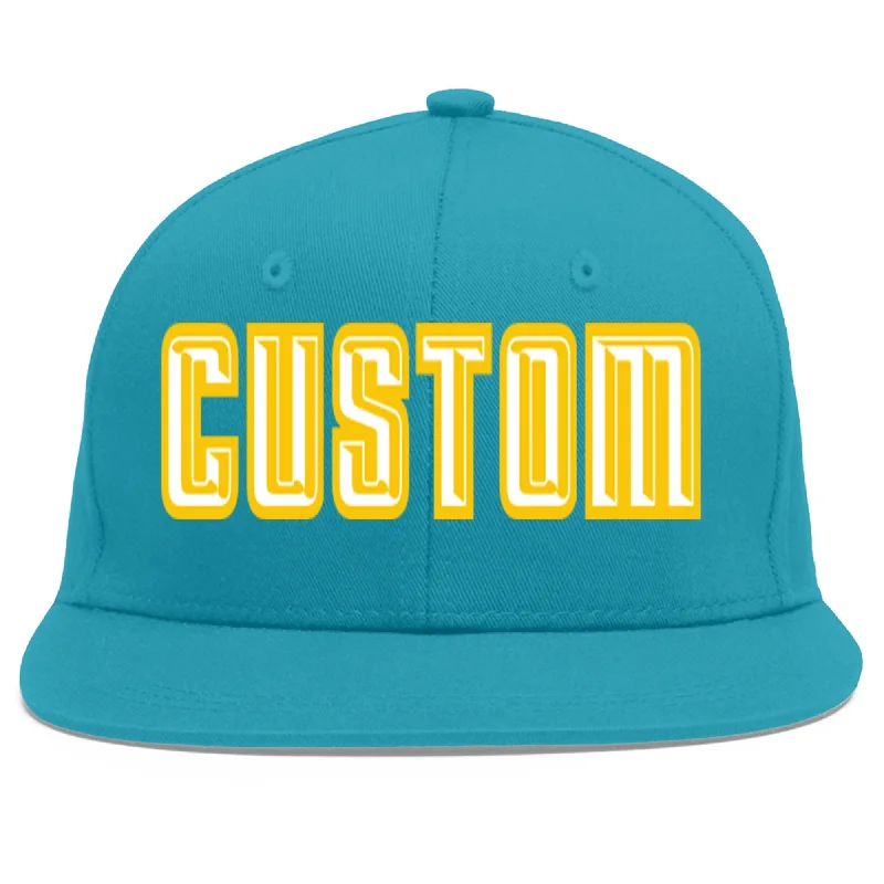 Baseball caps for athletes' performance-Custom Aqua White-Gold Flat Eaves Sport Baseball Cap