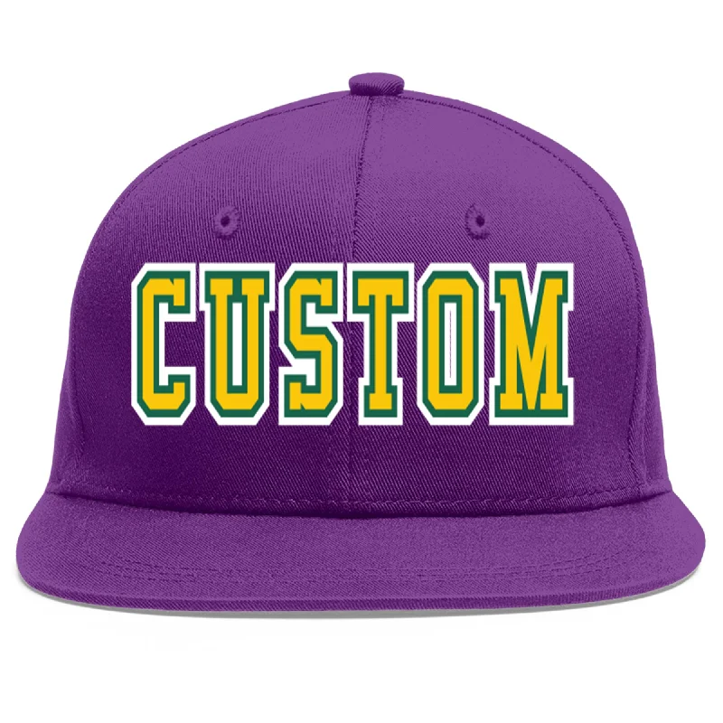 Baseball caps for outdoor activities-Custom Purple Gold-Kelly Green Flat Eaves Sport Baseball Cap