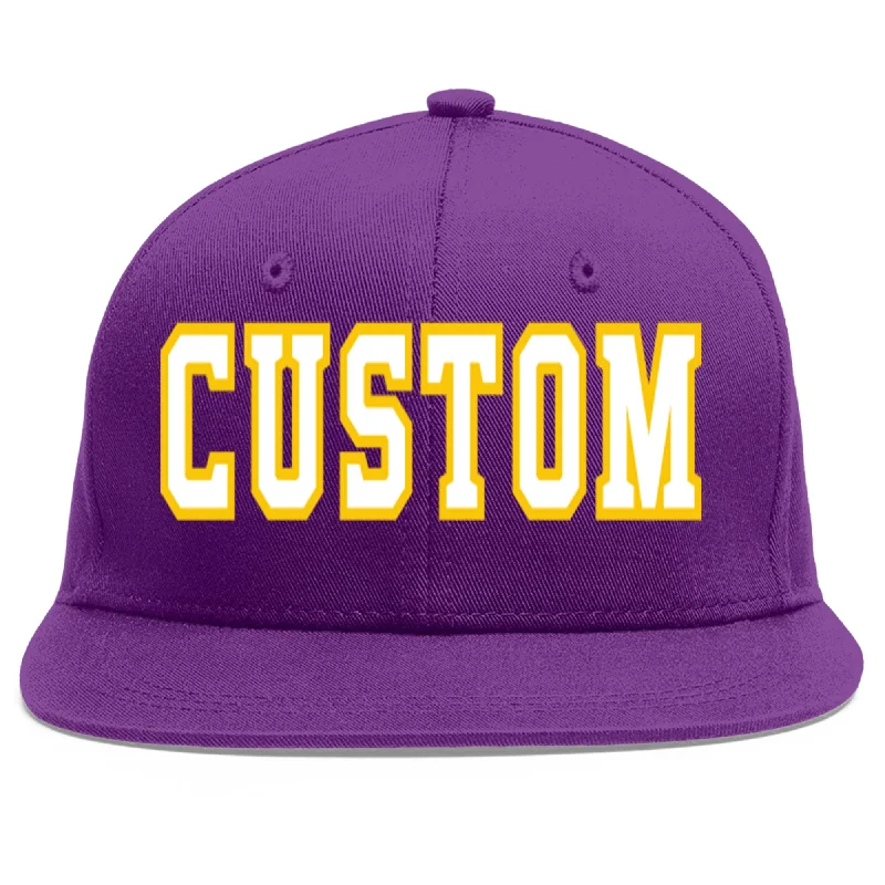 Adjustable baseball caps-Custom Purple White-Gold Flat Eaves Sport Baseball Cap