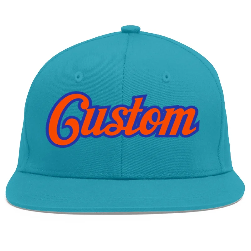 Baseball cap material options-Custom Aqua Orange-Royal Flat Eaves Sport Baseball Cap