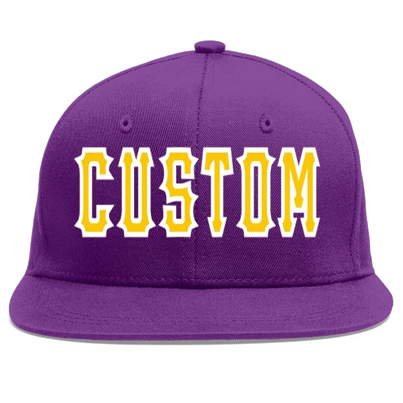 Baseball cap material options-Custom Purple Gold-White Flat Eaves Sport Baseball Cap