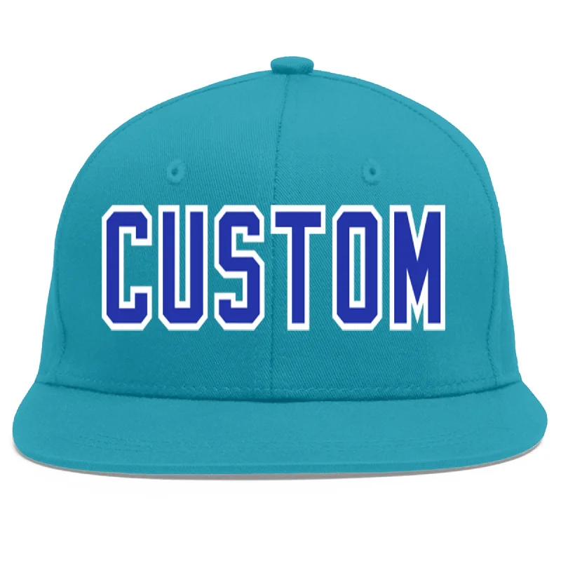 Seasonal fabric options for baseball caps-Custom Aqua Royal-White Flat Eaves Sport Baseball Cap