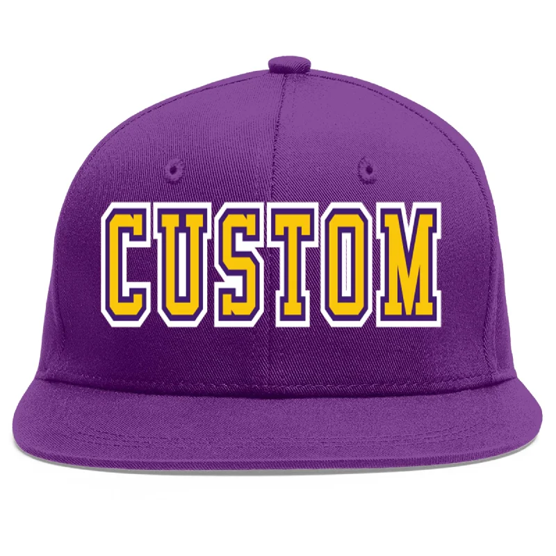 Baseball caps for athletes-Custom Purple Gold-purple Flat Eaves Sport Baseball Cap