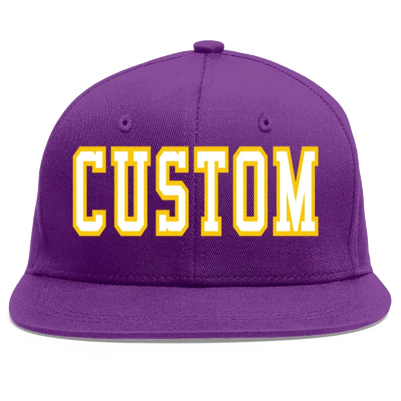 Functional features of baseball caps-Custom Purple White-Gold Flat Eaves Sport Baseball Cap