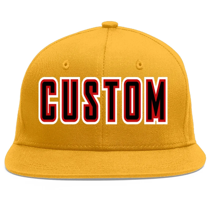 Baseball caps for athletes' performance-Custom Gold Black-Red Flat Eaves Sport Baseball Cap