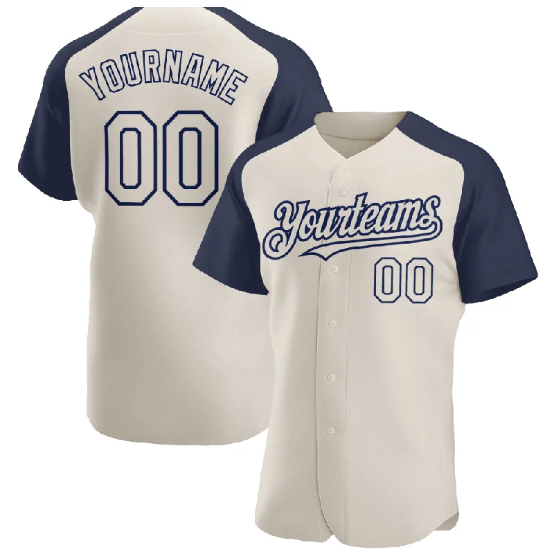 Baseball jerseys for charity events and fundraisers-Custom Cream Navy Authentic Raglan Sleeves Baseball Jersey