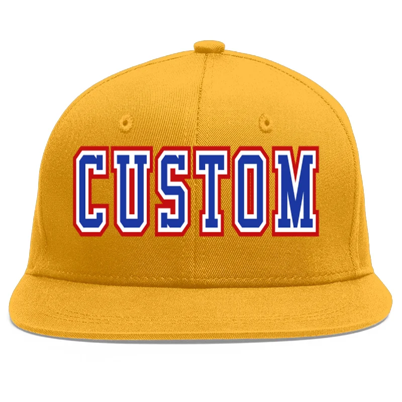 Classic baseball cap designs-Custom Gold Royal-White Flat Eaves Sport Baseball Cap