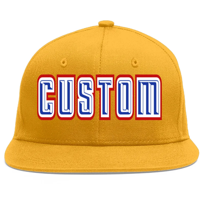 Baseball cap history and origin-Custom Gold Royal-White Flat Eaves Sport Baseball Cap