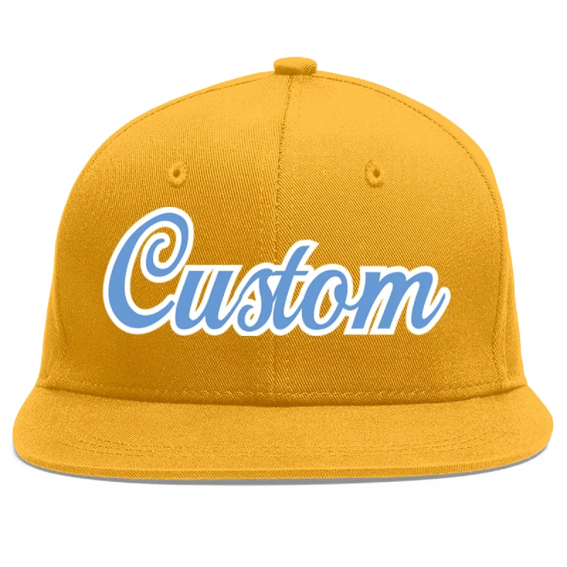 Top baseball cap brands-Custom Gold Light Blue-White Flat Eaves Sport Baseball Cap