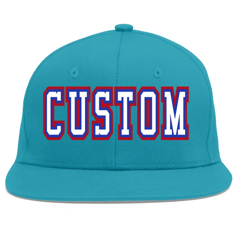 Baseball cap with hoodie pairing-Custom Aqua White-Royal Flat Eaves Sport Baseball Cap