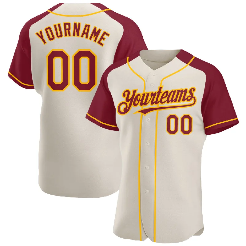 Baseball jerseys with long sleeves for cold weather-Custom Cream Crimson-Gold Authentic Raglan Sleeves Baseball Jersey