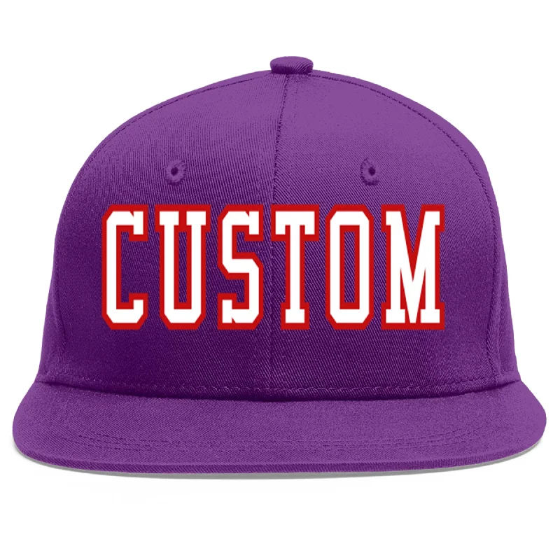 Baseball caps for sun protection-Custom Purple White-Red Flat Eaves Sport Baseball Cap