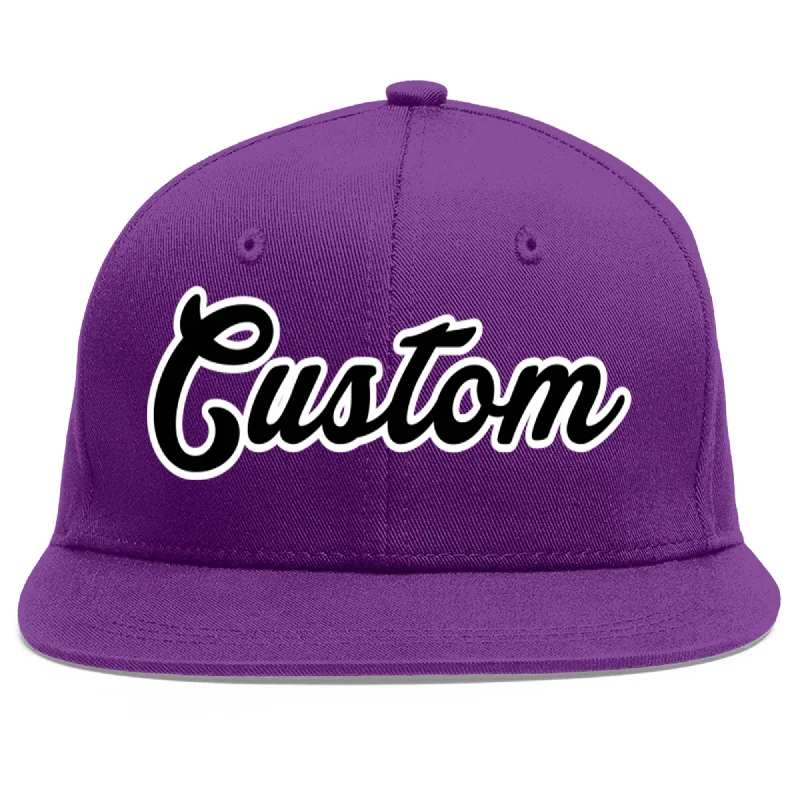 Baseball caps for casual wear-Custom Purple Black-White Flat Eaves Sport Baseball Cap