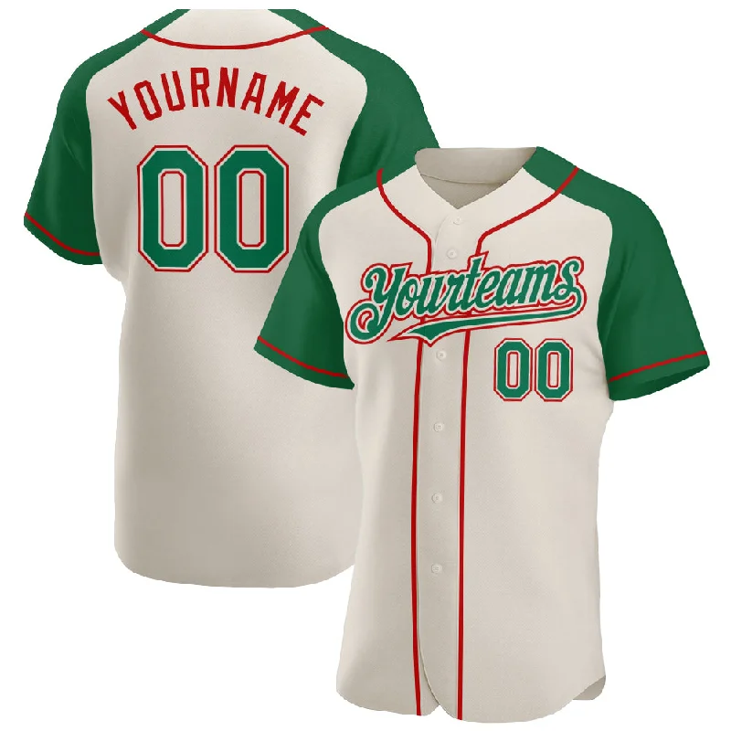 Baseball jerseys for girls and boys teams-Custom Cream Kelly Green-Red Authentic Raglan Sleeves Baseball Jersey