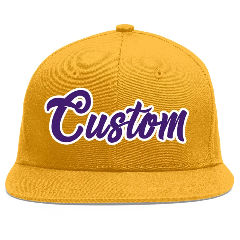 Athletic-style baseball caps-Custom Gold purple-White Flat Eaves Sport Baseball Cap