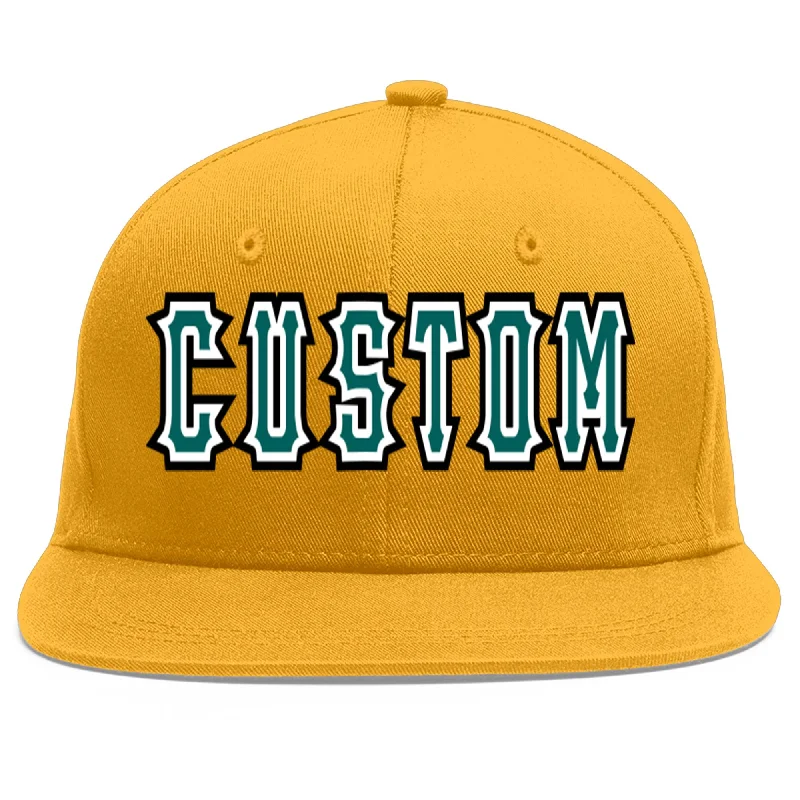 Baseball caps with sports jackets-Custom Gold Aqua-White Flat Eaves Sport Baseball Cap