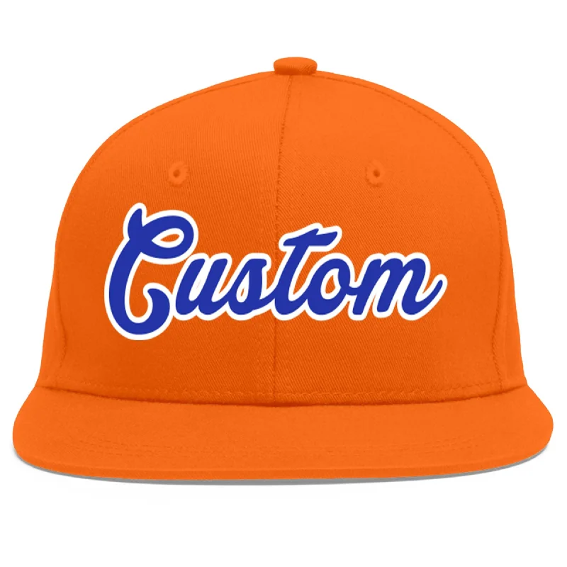 Everyday wear baseball caps-Custom Orange Royal-White Flat Eaves Sport Baseball Cap