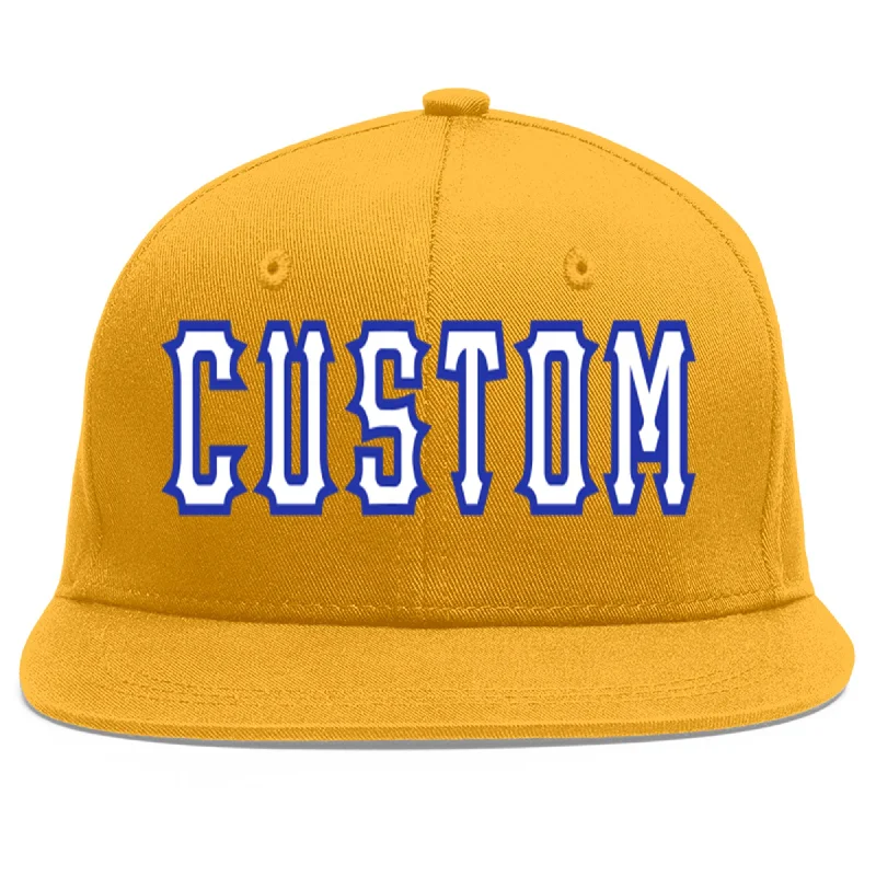 Unique baseball cap designs-Custom Gold White-Royal Flat Eaves Sport Baseball Cap