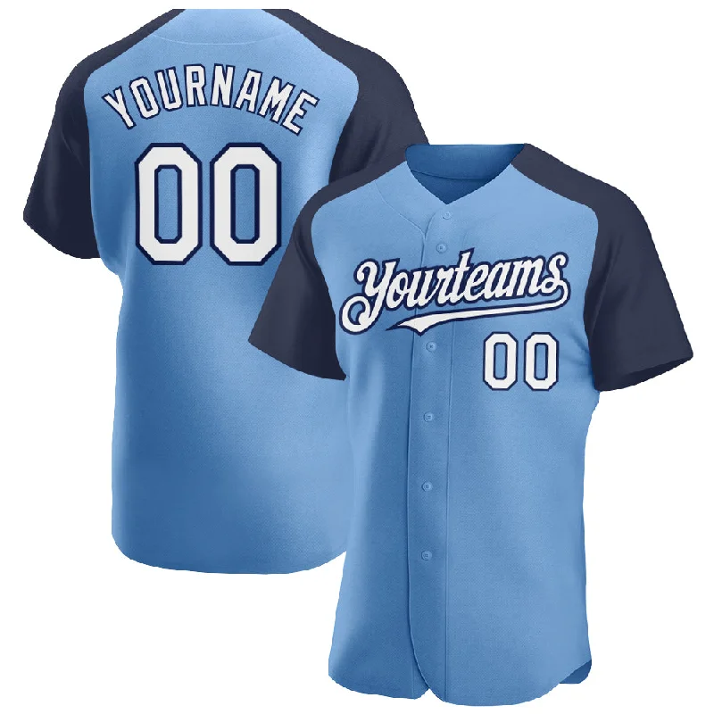 Custom embroidered baseball jerseys for teams-Custom Light Blue White-Navy Authentic Raglan Sleeves Baseball Jersey