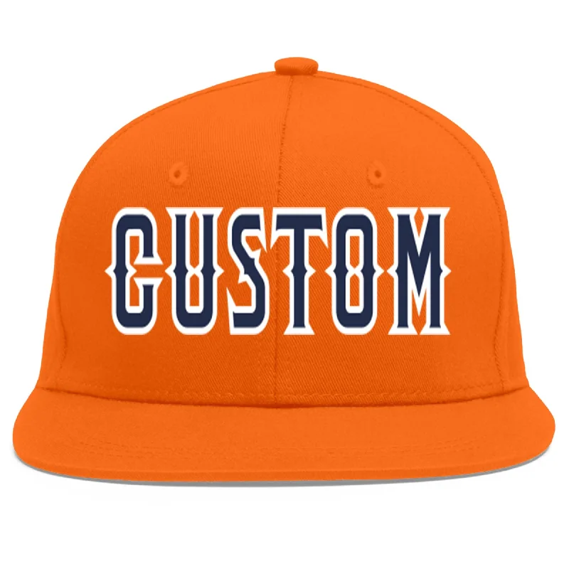 Baseball cap style for personal flair-Custom Orange Navy-White Flat Eaves Sport Baseball Cap