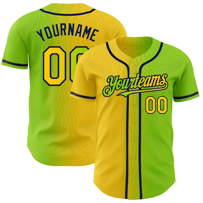 Best baseball jerseys for team sports-Custom Neon Green Yellow-Navy Authentic Gradient Fashion Baseball Jersey