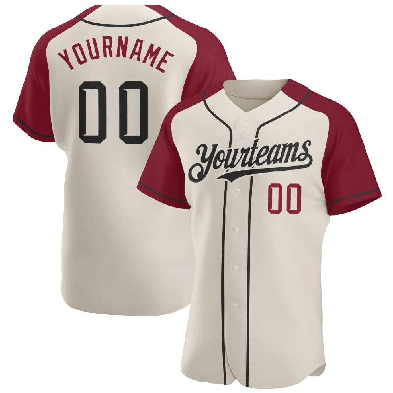 Baseball jerseys with short sleeves for summer play-Custom Cream Black-Crimson Authentic Raglan Sleeves Baseball Jersey