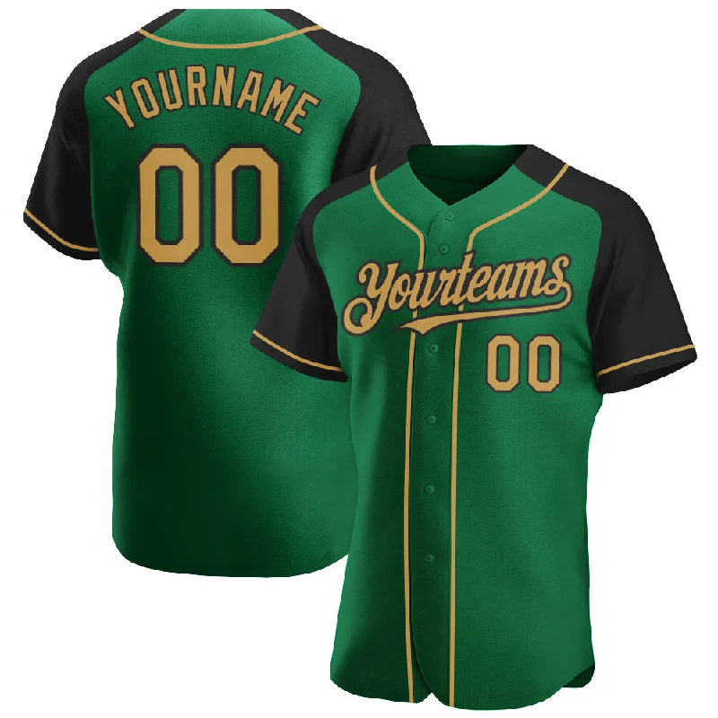 High-quality baseball jerseys with heat transfer graphics-Custom Kelly Green Old Gold-Black Authentic Raglan Sleeves Baseball Jersey